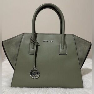 Michael Kors Avril Satchel Leather & Suede Army Green NEW